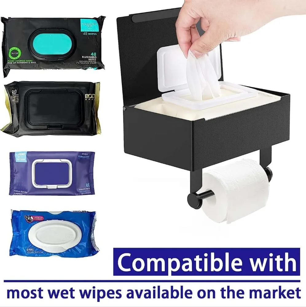 Wall-Mounted Toilet Paper Holder with Shelf and Wipes Dispenser